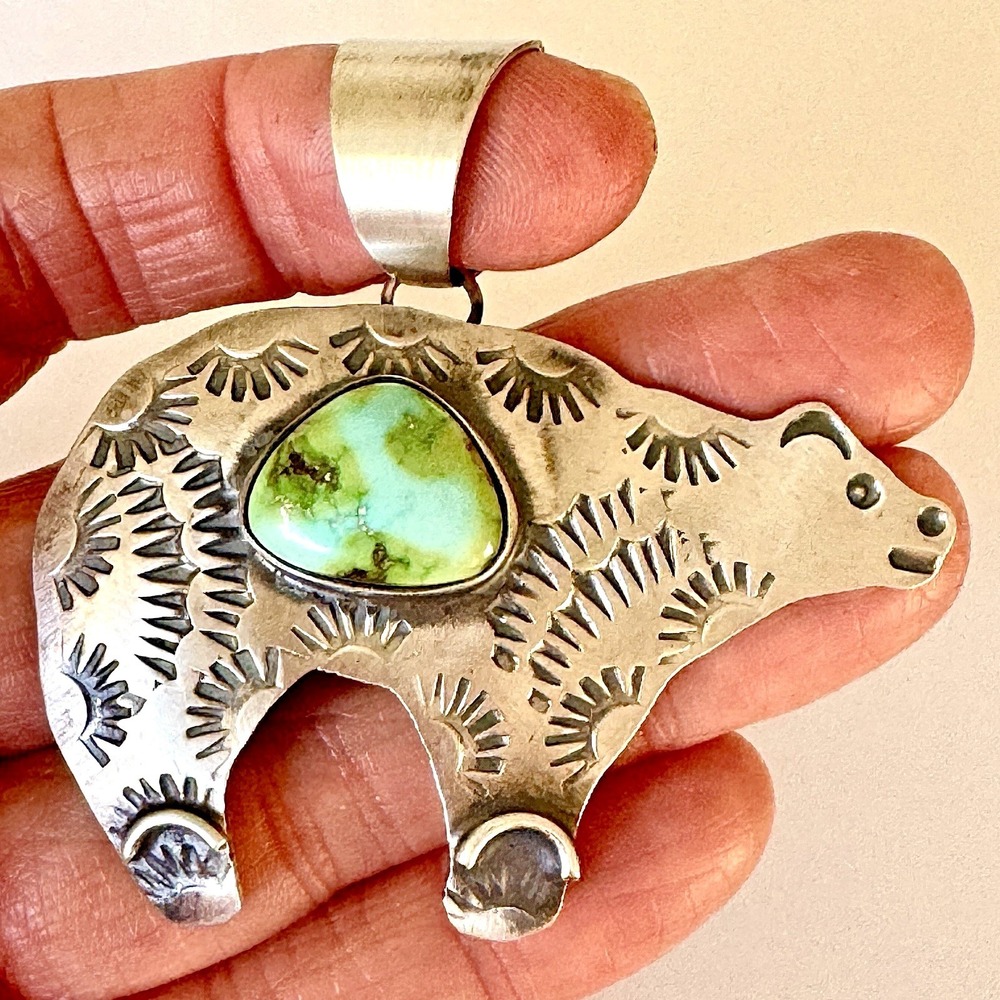 WOW Navajo Bear Pendant Turquoise Sonoran Gold Sterling Signed Chimney Butte
